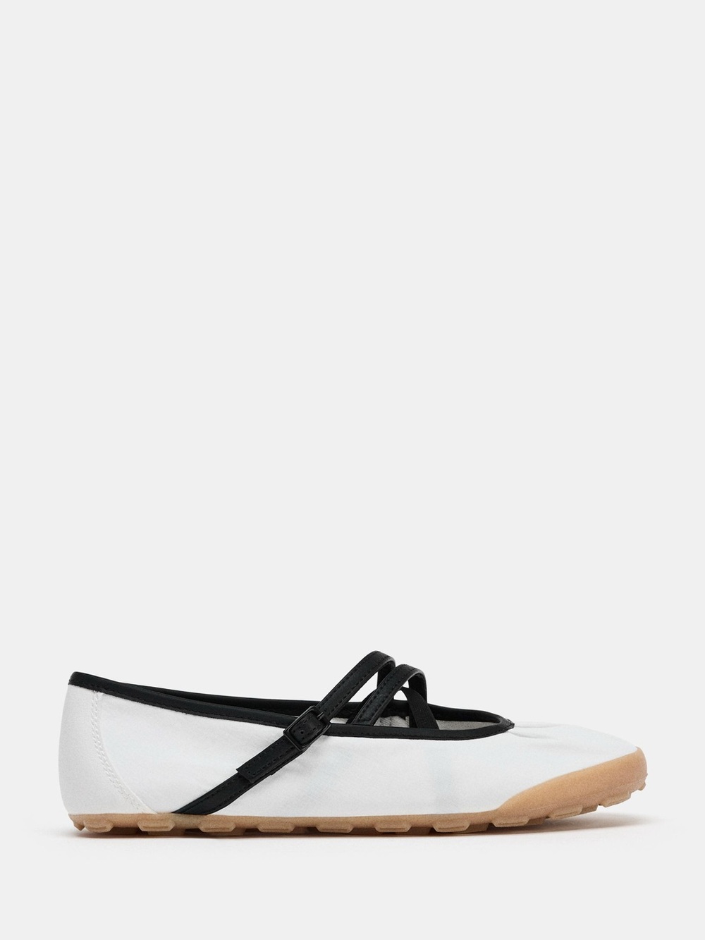 Zara White Ballet Flats with Black Strap and Tan Soles